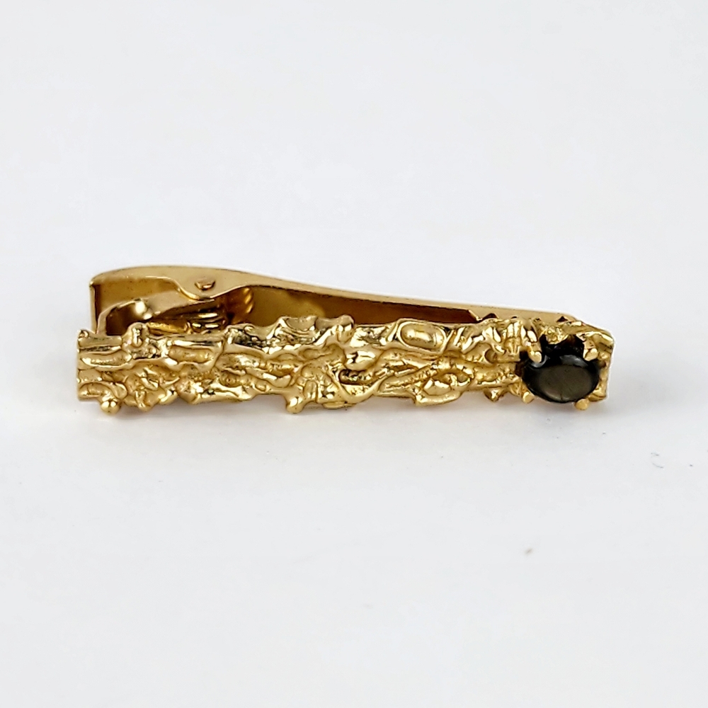Set of 14K Yellow Gold Black Star Sapphire Rectangle Nugget Cufflinks & Tie Clip - Picture 6 of 8